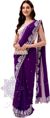 HESVI Embroidered Lucknow Chikankari Georgette Saree(Purple)