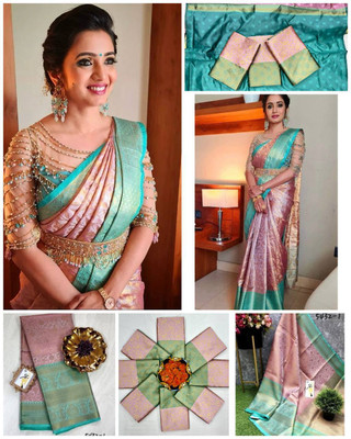 VK Enterprise Woven, Self Design Banarasi Silk Blend Saree(Pink, Light Blue)