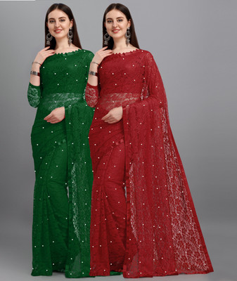 LOROFY Self Design Bollywood Net Saree(Pack of 2, Green, Maroon)