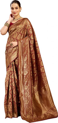 Pranjal Woven Banarasi Silk Blend Saree(Brown)