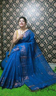 AMIT STORE Self Design Handloom Cotton Blend Saree(Light Blue)