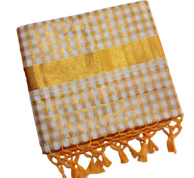 DhevStylish Checkered, Solid/Plain Kasavu Cotton Blend Saree(Gold, White)