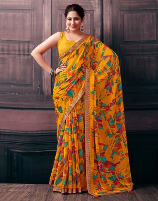 SIRIL Embellished, Printed Bollywood Chiffon, Georgette Saree(Yellow, Multicolor)