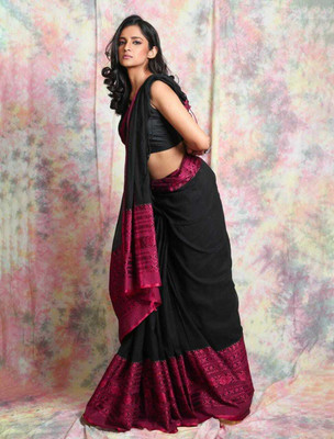 sourav biswas Self Design Handloom Pure Cotton Saree(Black)