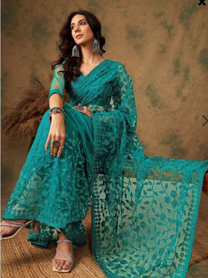 Vijay Fashion Floral Print, Embroidered Bollywood Net Saree(Green)