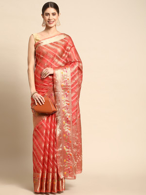 Blissta Woven Chanderi Organza Saree(Red)