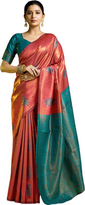 Pranjal Woven Banarasi Silk Blend Saree(Red, Blue)