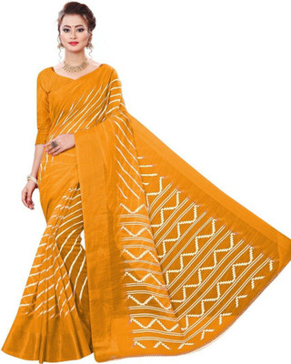 Grubstaker Printed Bollywood Cotton Linen Saree(Yellow)