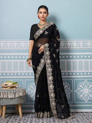 Leelavati Embroidered, Embellished Bollywood Georgette Saree(Purple)
