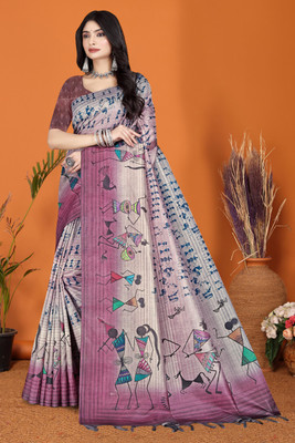 WearEZee Graphic Print, Self Design, Geometric Print, Color Block, Digital Print Kalamkari Tussar Silk, Cotton Blend Saree(Pink)