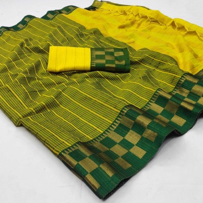 SHWENILA Checkered Banarasi Cotton Silk Saree(Dark Green)