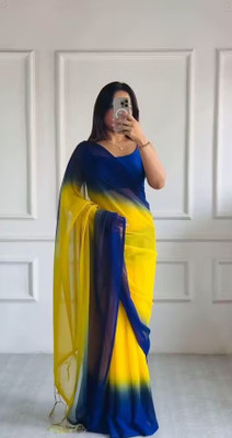 stitchmaster Solid/Plain Bollywood Georgette Saree(Yellow, Blue)