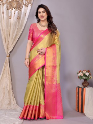 VILLAGIUS Woven, Embellished Kanjivaram Tissue, Organza Saree(Light Green, Pink)