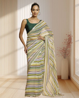 Jayu Digital Print, Embroidered, Printed, Striped Bollywood Georgette Saree(Green)