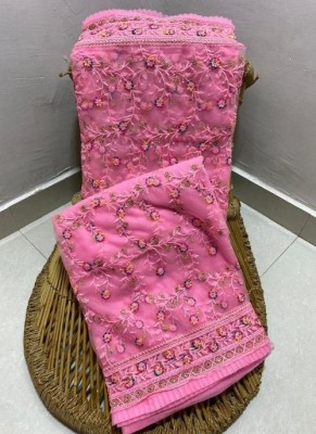 Apnisha Embroidered Daily Wear Net Saree(Pink)