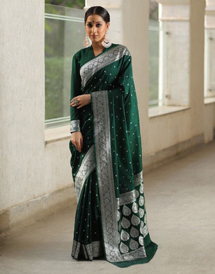Samah Woven, Embellished Banarasi Silk Blend, Jacquard Saree(Green)