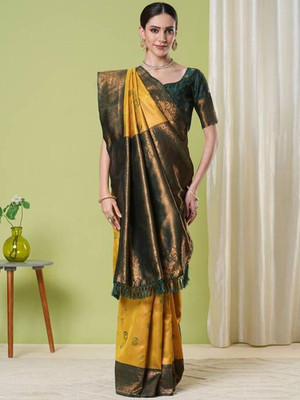 HERE&NOW Woven Banarasi Silk Blend Saree(Yellow)