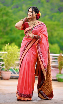 Sijlin Temple Border Sambalpuri Cotton Blend Saree(Pink)