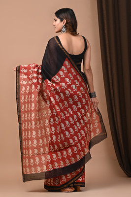 Taavi Blocked Printed Chanderi Cotton Blend Saree(Black)