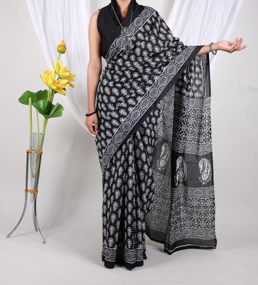 Threadier Printed Bollywood Pure Cotton Saree(Black)