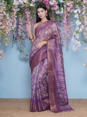 LABELKASHI Printed Banarasi Cotton Silk Saree(Purple)