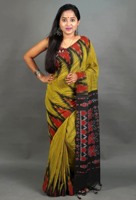 RIDDHIMAN FASHION Printed Sambalpuri Viscose Rayon Saree(Yellow, Maroon, Black)