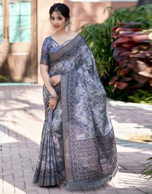 Divastri Digital Print, Embellished Daily Wear Silk Blend Saree(Grey, Blue, Multicolor)