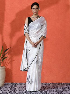 Sangria Printed Daily Wear Satin Saree(White)