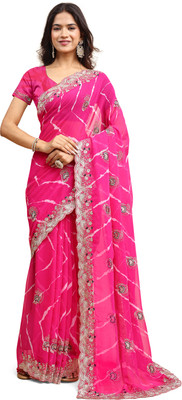 C P Vastralay Embroidered Leheria Georgette Saree(Pink)