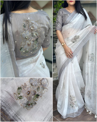 Myraani Floral Print Kantha Cotton Linen Saree(Grey)