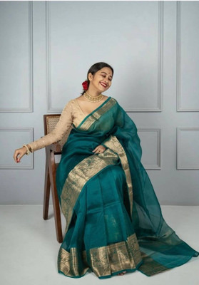PHEASANT Self Design, Woven, Applique Bollywood Art Silk, Organza Saree(Light Green)
