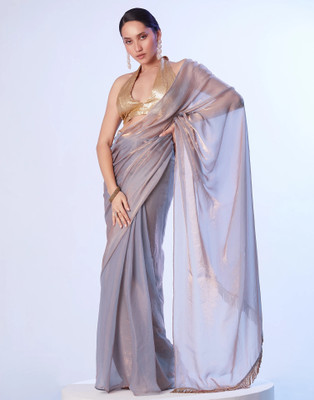 Samah Solid/Plain Bollywood Jimmy choo, Tissue Saree(Grey)