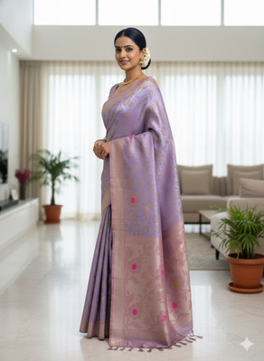 DUDHANE TRADING CORPORATION Self Design, Woven, Floral Print Banarasi Silk Blend Saree(Purple)