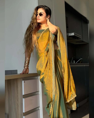 Sundhaji Trends Solid/Plain, Temple Border, Embellished Bollywood Chiffon, Tissue Saree(Yellow)