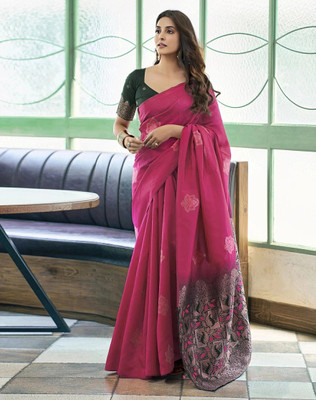 Parangi-A planet of style Woven Banarasi Cotton Silk Saree(Pink)