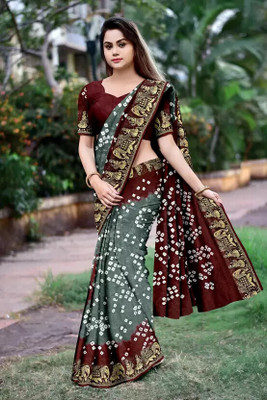rajranitextiles Hand Painted Bandhani Georgette Saree(Grey)