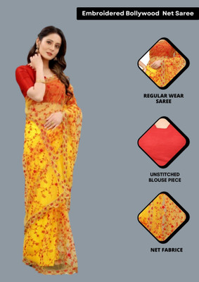 Yashvi Designer Embroidered Bollywood Net Saree(Yellow)