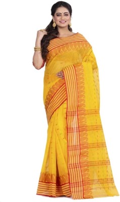 DHRITI Printed, Striped Tant Pure Cotton Saree(Yellow)