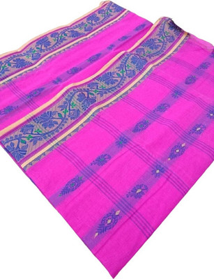 KhayaFashion Woven Tant Pure Cotton Saree(Pink)