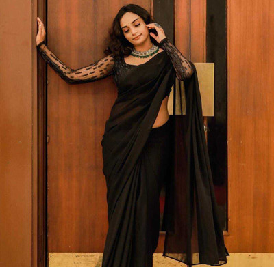 kashvi sarees Solid/Plain Daily Wear Chiffon, Georgette Saree(Black)