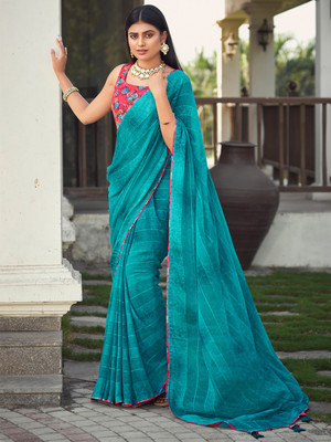ANOUK Printed Bollywood Georgette Saree(Blue)