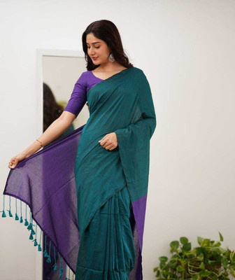 TWRIL Solid/Plain Handloom Pure Cotton Saree(Dark Green)