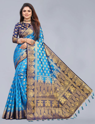 Shopwell Woven Banarasi Cotton Silk Saree(Multicolor)