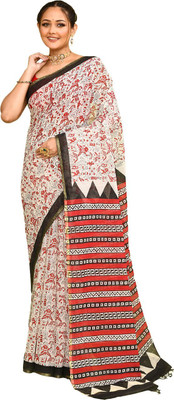 Sprish Printed Handloom Khadi Saree(White, Maroon, Black)