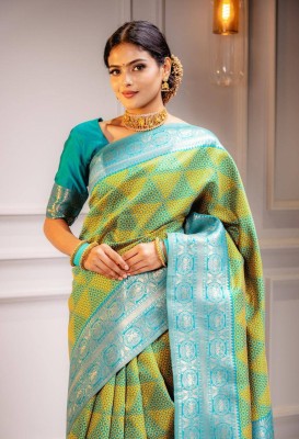 Sarvada Embellished, Woven, Self Design Kanjivaram Jacquard, Silk Blend Saree(Mustard, Light Blue)