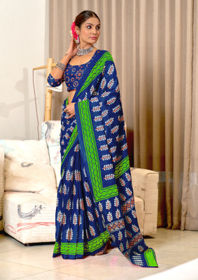 MODERRY Printed, Blocked Printed Daily Wear Pure Cotton, Mulmul Saree(Blue)
