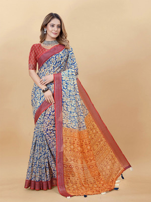 ANOUK Printed Saree with Attached Blouse Linen Saree(Blue)