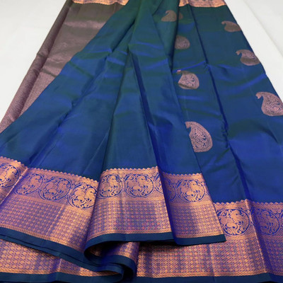 MIRMAN Striped Banarasi Pure Silk Saree(Blue)
