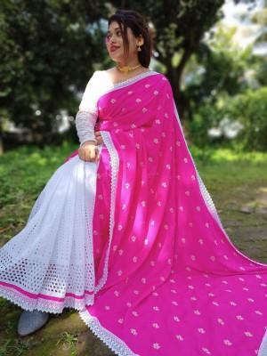 Ahana pal Self Design Bollywood Cotton Silk Saree(White, Pink)