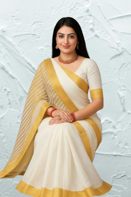 SHRISAREEESa Striped Bollywood Pure Cotton Saree(White, Yellow)